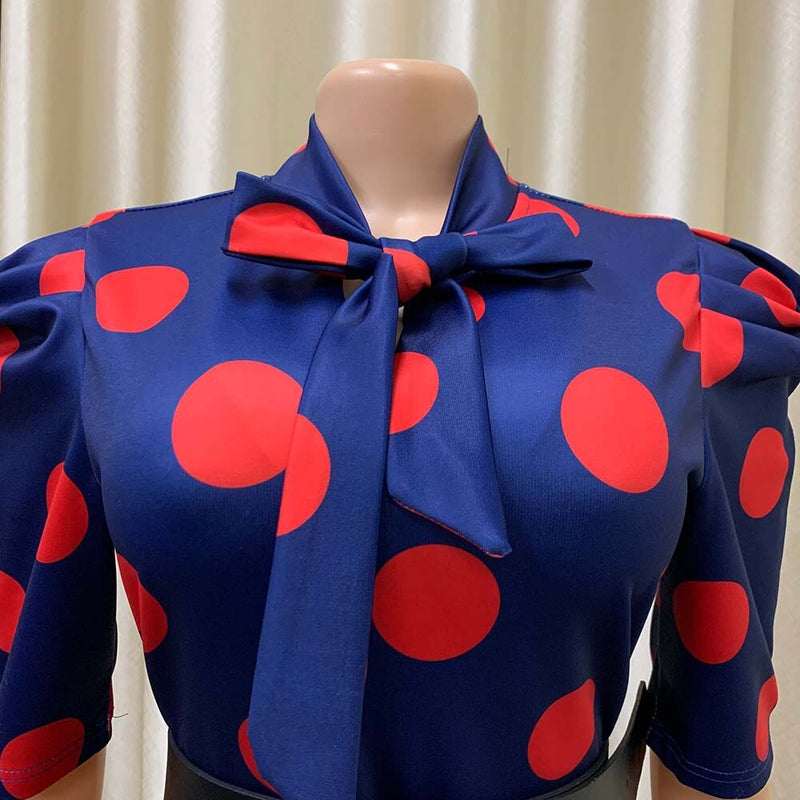 Elegant Office Dresses for Ladies 2023 Business Dot Printed High Waisted Short Sleeve Mid Calf Fashion Work Wear Cloth Dress OL