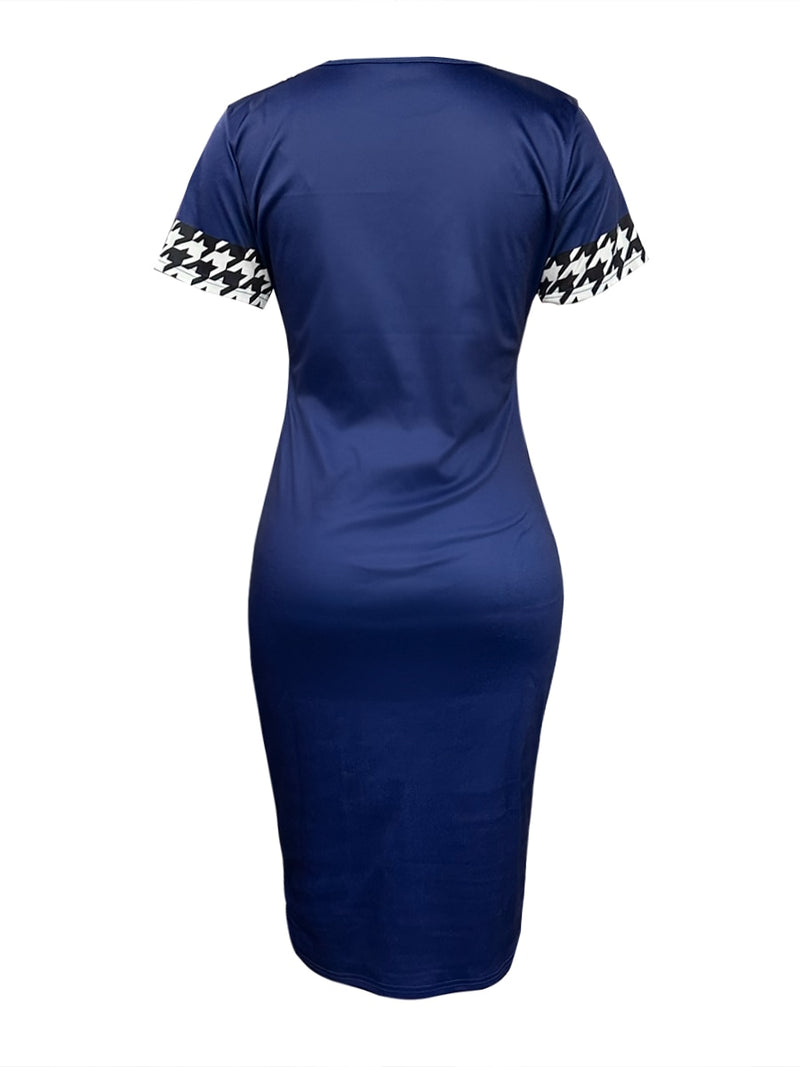LW Houndstooth Plaid Checkerboard Print Round Neck Short Sleeve Knee Length Blue Office Lady Elegant Bodycon Pencil Dress
