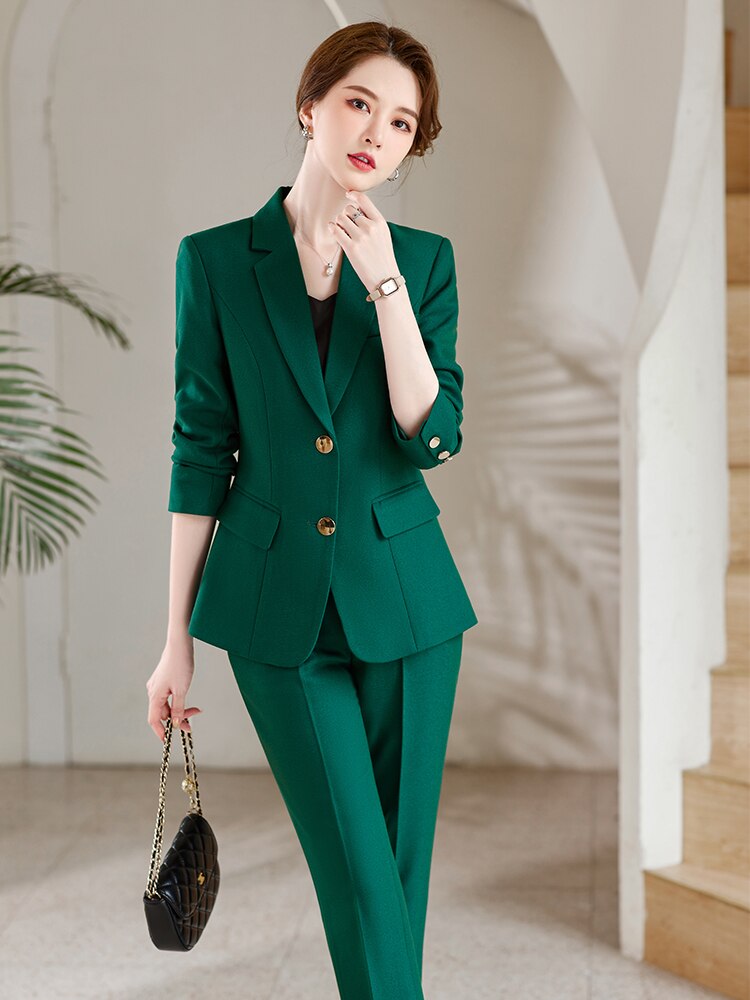 Autumn Winter Ladies Blazer And Pant Suit Formal Green Navy Blue Women Jacket Trouser Female Business Work Wear 2 Piece Set