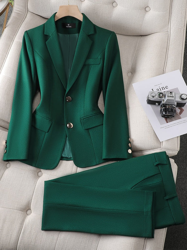 Autumn Winter Ladies Blazer And Pant Suit Formal Green Navy Blue Women Jacket Trouser Female Business Work Wear 2 Piece Set