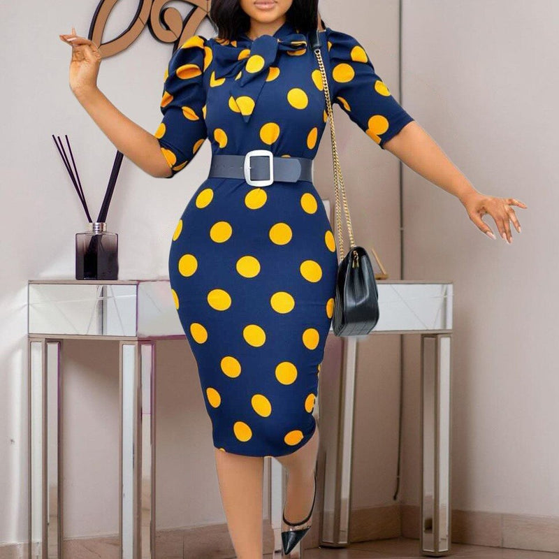 Elegant Office Dresses for Ladies 2023 Business Dot Printed High Waisted Short Sleeve Mid Calf Fashion Work Wear Cloth Dress OL
