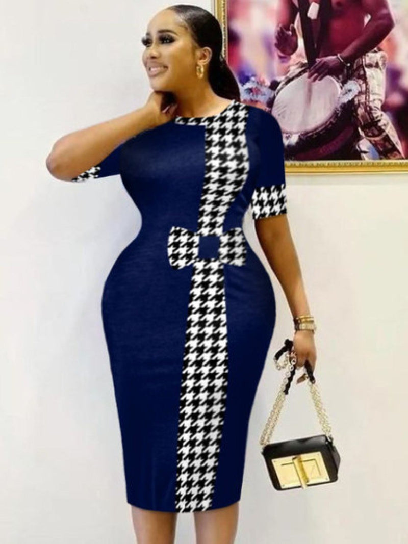 LW Houndstooth Plaid Checkerboard Print Round Neck Short Sleeve Knee Length Blue Office Lady Elegant Bodycon Pencil Dress